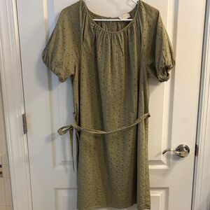 LOFT Olive Eyelet Dress with Puff Sleeves